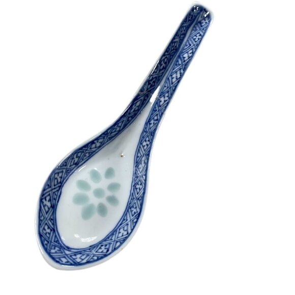 Chinese Rice Eye Grain Bowl Blue White Porcelain Spoon Set Translucent - Picture 8 of 11